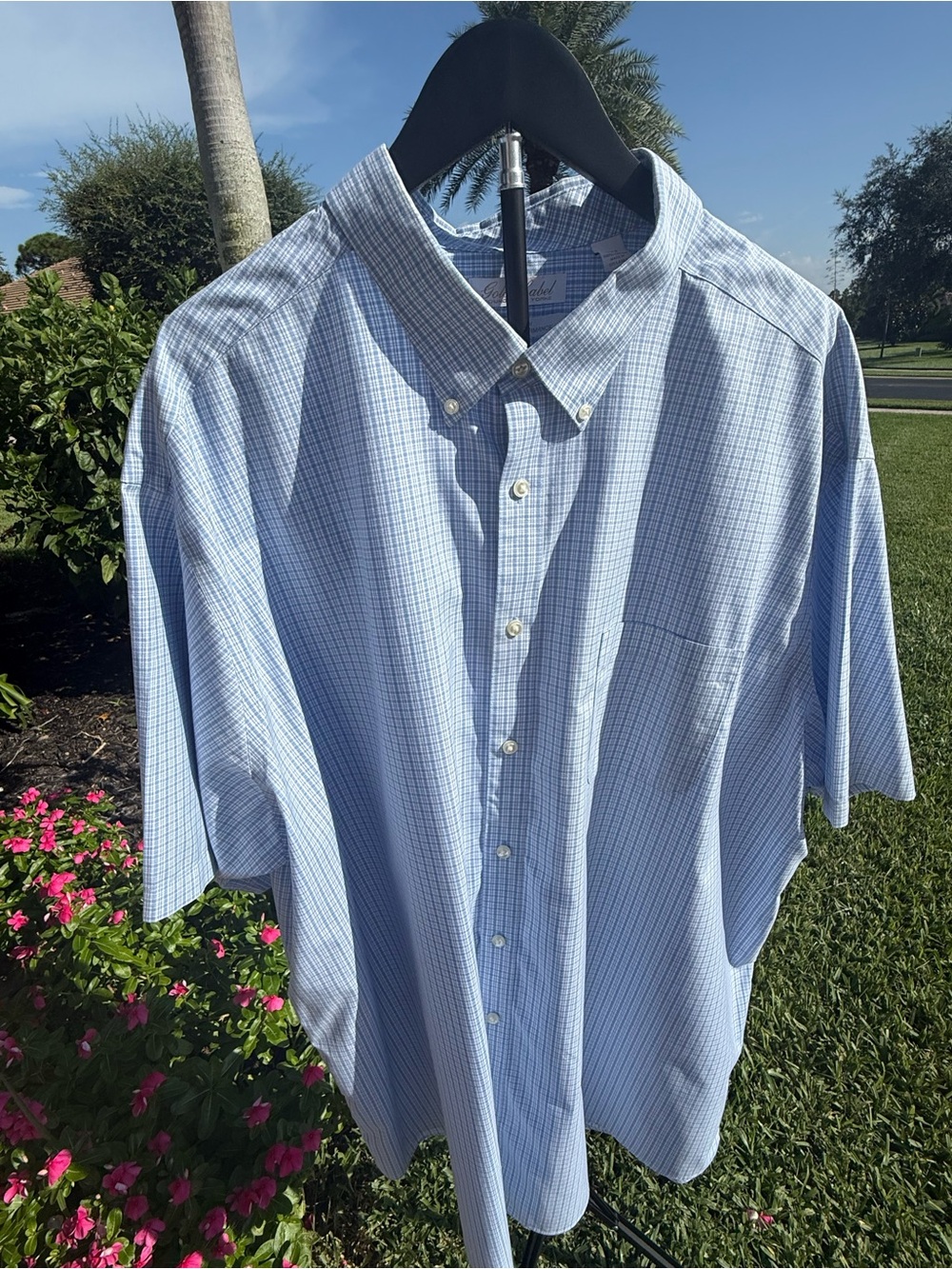 Roundtree & Yorke Light Blue Micro-Check Short Sleeve Button-Down Shirt